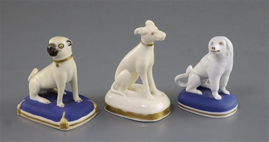 Two rare Charles Bourne porcelain figures of dogs, c.1817-30, H. 6.2cm - 7.2cm (3 dogs)